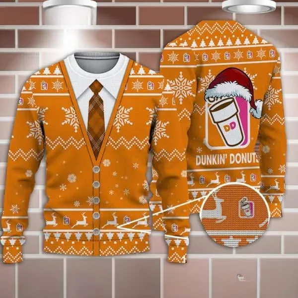 Dunkin Donuts Ugly Christmas Sweater, Faux Cardigan and Plaid Tie Print Holiday Sweater, Coffee Lover Xmas Sweater with Santa Hat Cup