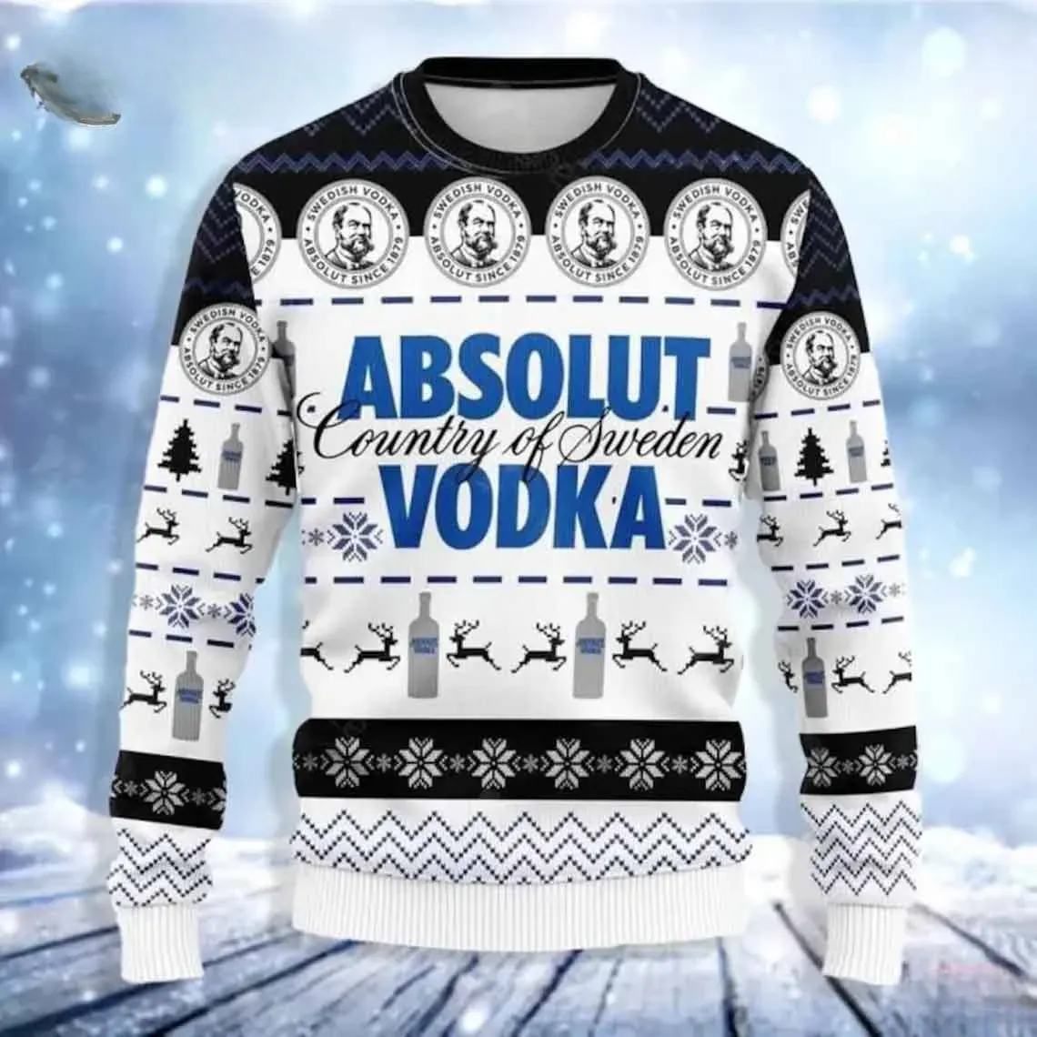 Absolut Vodka Ugly Christmas Sweater, Country of Sweden Logo Holiday Sweater, Funny Liquor Lover Xmas Sweater with Reindeer and Bottles