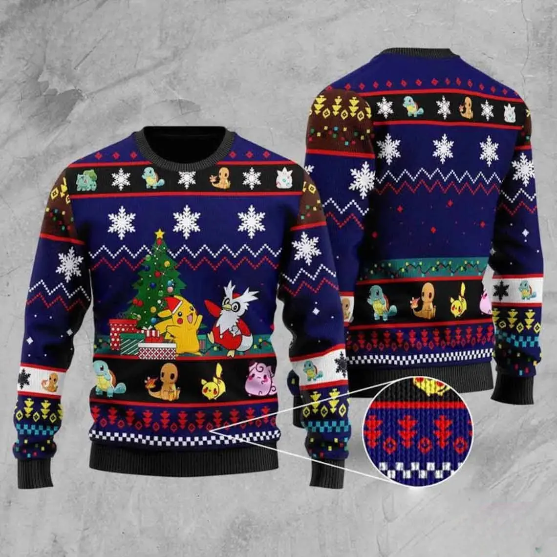 Pokemon Ugly Christmas Sweater, Pikachu Delibird Bulbasaur Charmander Squirtle Holiday Sweater, Navy Knit Xmas Sweater for Trainers