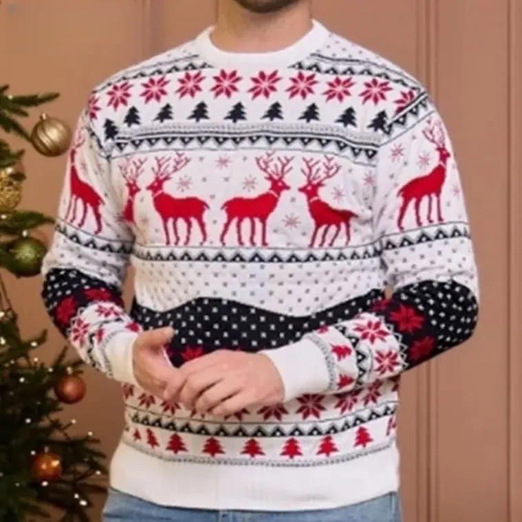Christmas Couples Ugly Sweater, Red Reindeer Fair Isle Holiday Sweater, White Unisex Xmas Sweatshirt for Matching Couples
