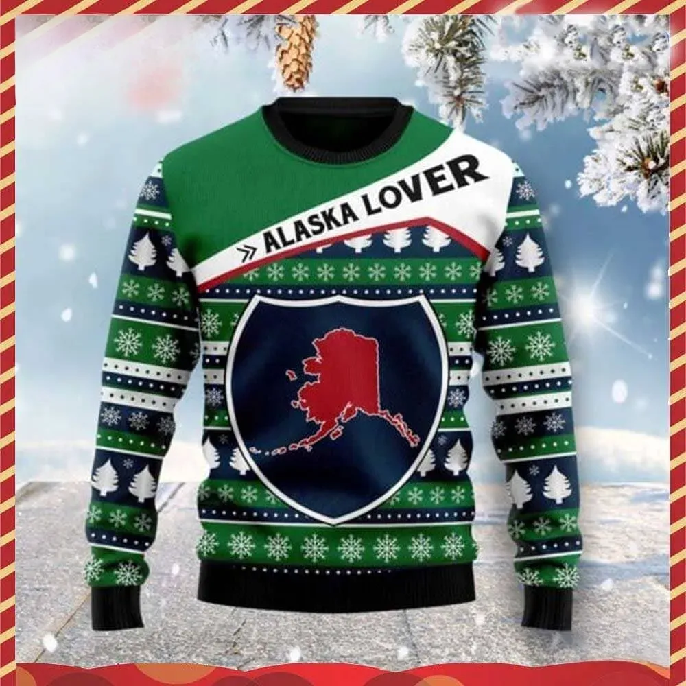Alaska Lover Ugly Christmas Sweater, Alaska State Map Shield Holiday Sweater, Green and Navy Unisex Alaskan Xmas Sweatshirt