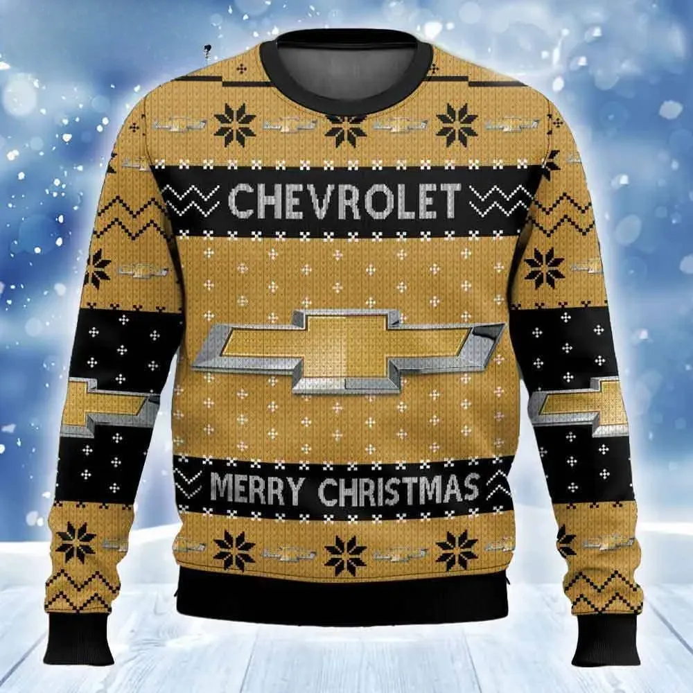 Chevrolet Chevy Ugly Christmas Sweater, Chevy Car Lover Holiday Sweater, Unisex All Over Print Xmas Sweatshirt for Car Fans