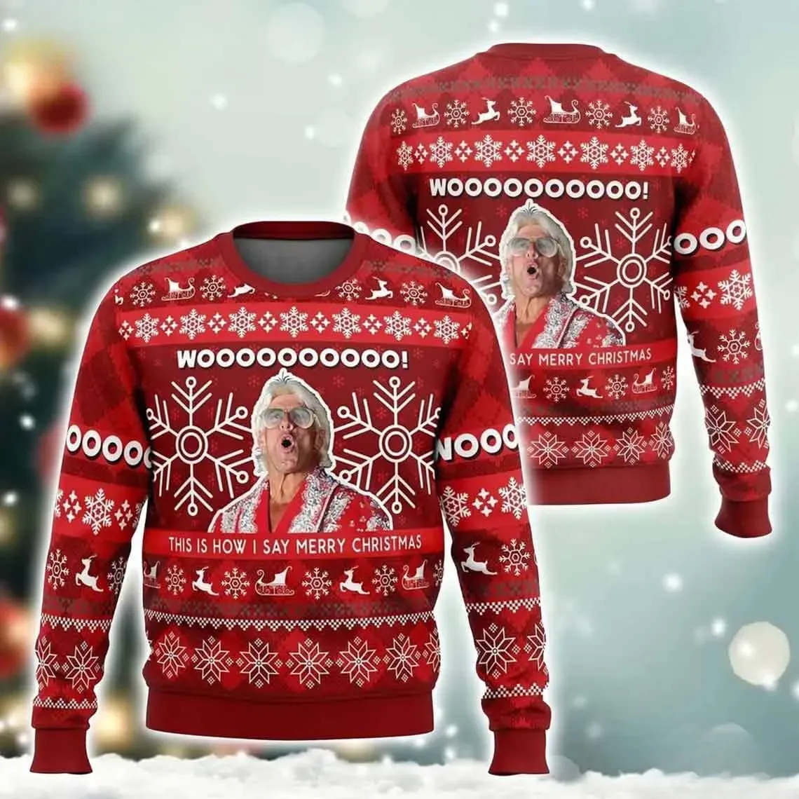 Ric Flair Woooooo Ugly Christmas Sweater, This Is How I Say Merry Christmas Funny Wrestling Fan Holiday Sweater, Xmas Sweater