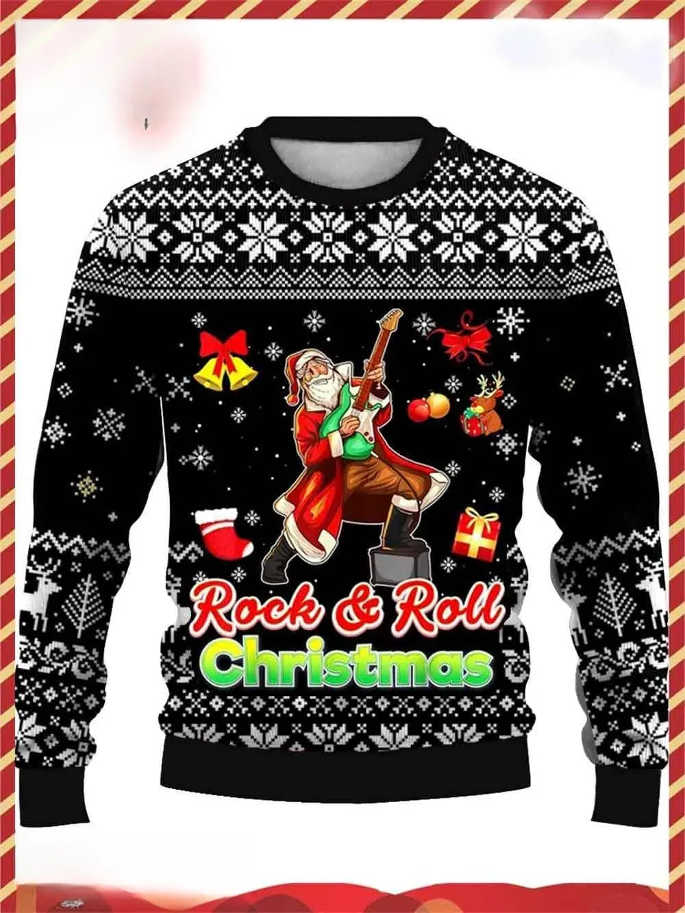 Rock And Roll Santa Claus Ugly Christmas Sweater, Guitar Playing Santa Holiday Sweater, Black Unisex Music Lover Xmas Sweatshirt