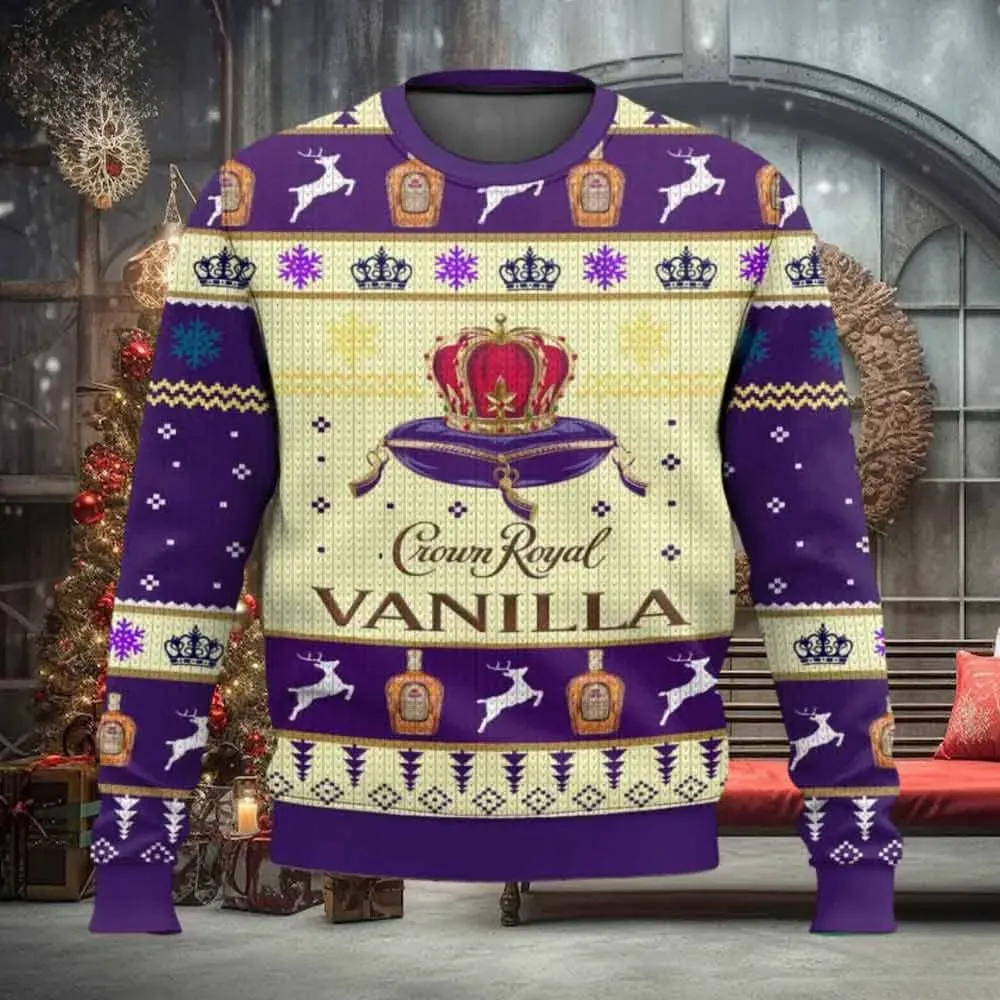 Crown Royal Vanilla Ugly Christmas Sweater, Purple Crown and Reindeer Whisky Holiday Sweater, Unisex Whisky Lover Xmas Sweatshirt
