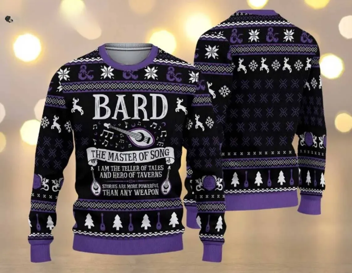 Bard The Master Of Song DnD Ugly Sweater, Dungeons And Dragons Lute Christmas Holiday Sweater, Unisex Purple Xmas Sweatshirt