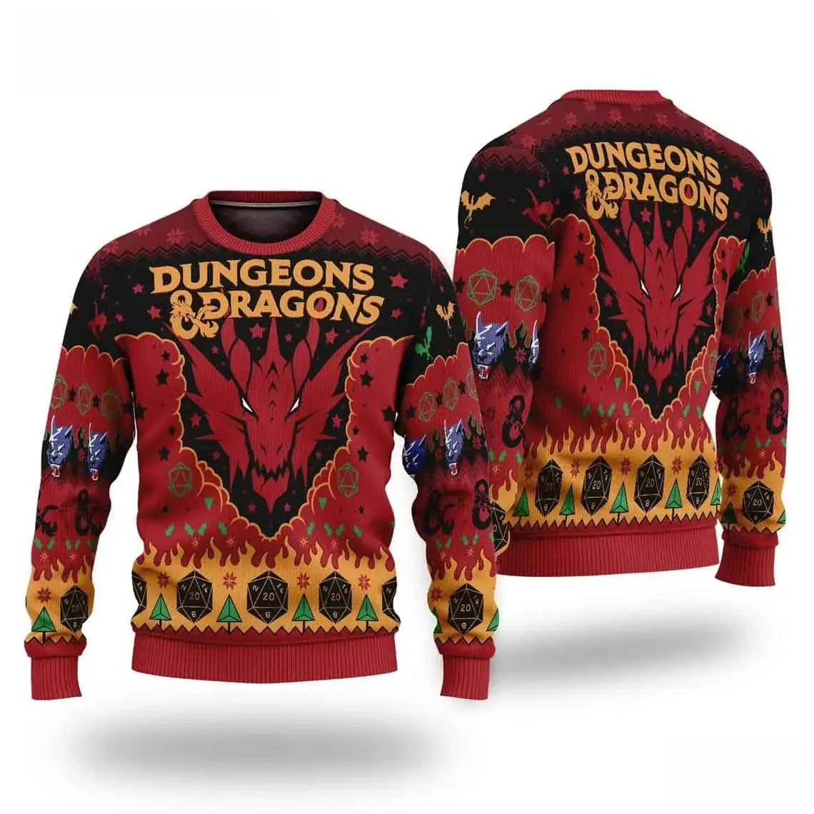 Dungeons And Dragons Dice Roll Ugly Sweater, Red Dragon D20 DnD Christmas Holiday Sweater, Unisex Tabletop Gamer Xmas Sweatshirt