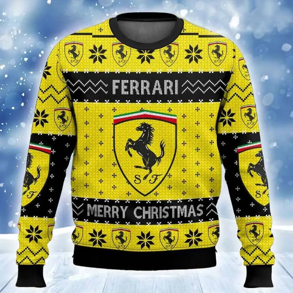 Ferrari Car Ugly Christmas Sweater, Prancing Horse Shield Merry Christmas Holiday Sweater, Yellow Unisex Xmas Sweatshirt for Car Lovers