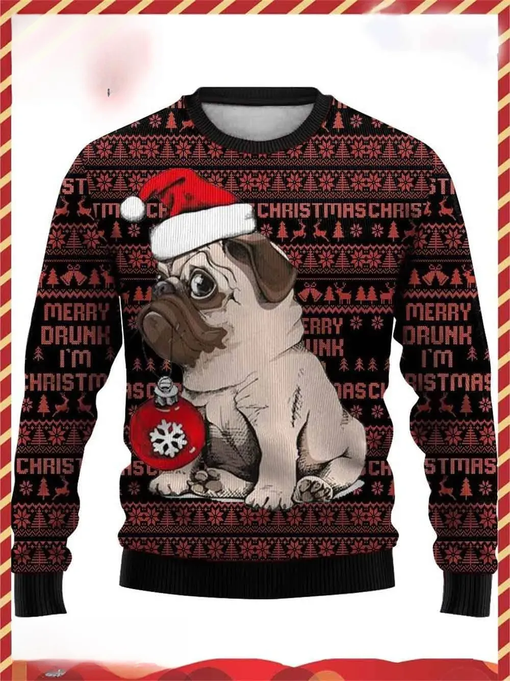 Pug Dog Ugly Christmas Sweater, Merry Drunk I'm Christmas Funny Holiday Sweater, Unisex Black and Rust Xmas Sweatshirt for Pug Lovers