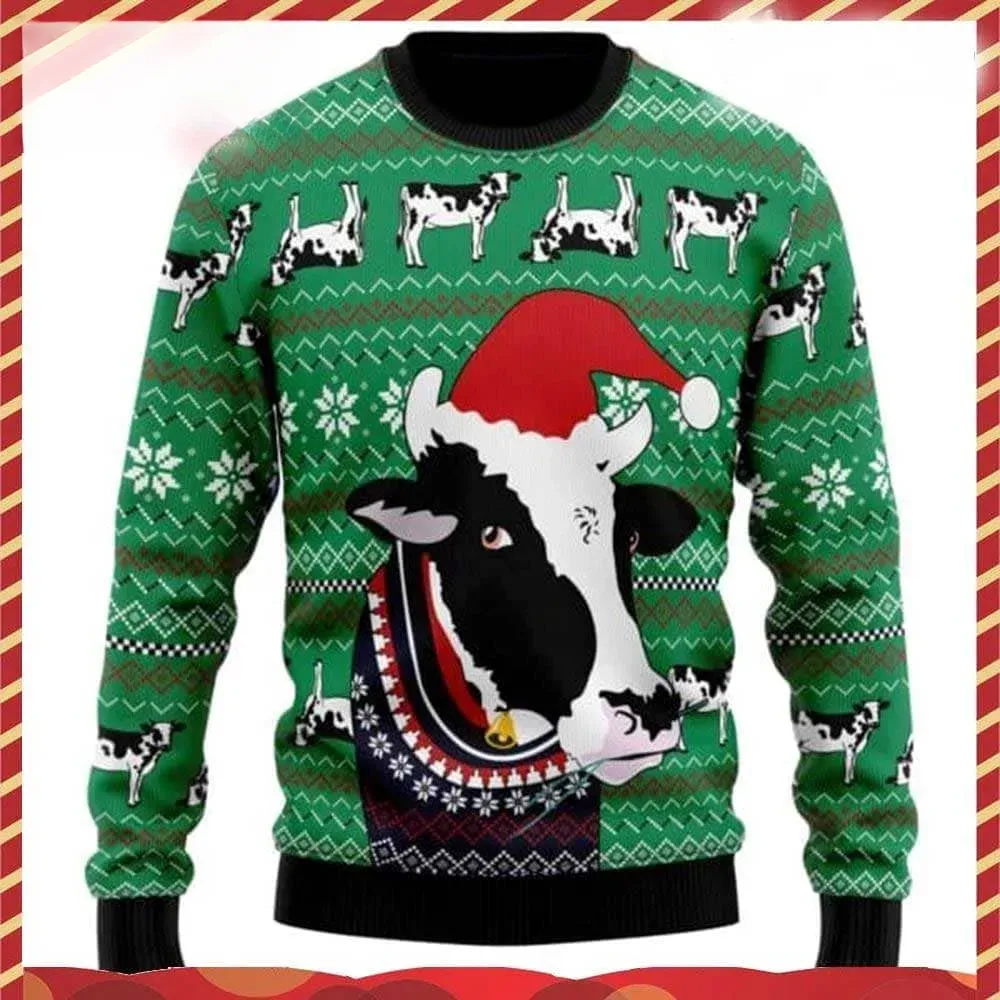 Funny Cow Ugly Christmas Sweater, Holstein Cow in Santa Hat Holiday Sweater, Unisex Green Farmer Xmas Sweatshirt for Farm Animal Lovers