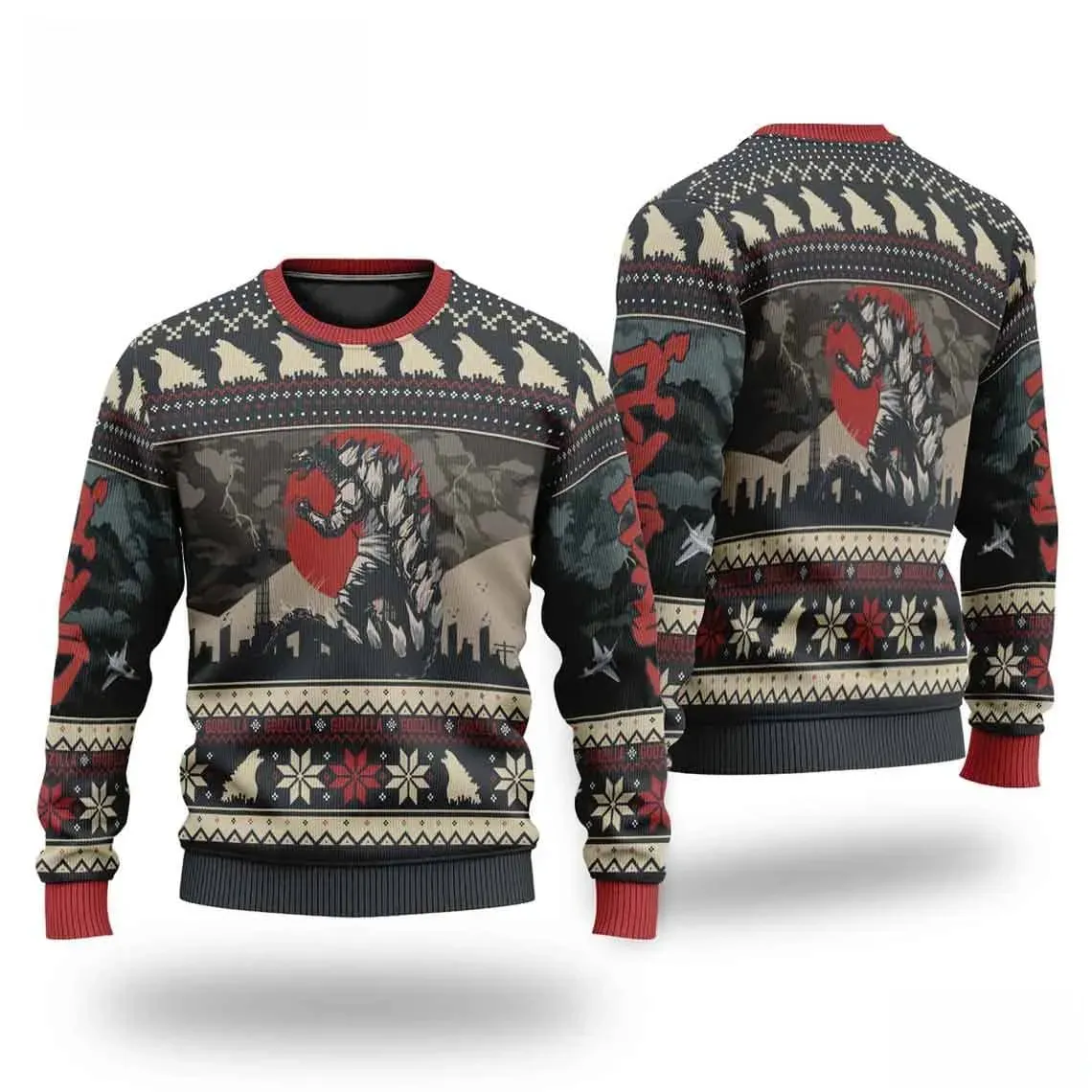 Godzilla Minus One Movie Ugly Christmas Sweater, Kaiju King Holiday Sweater with Red Sun, Unisex Charcoal Monster Movie Xmas Sweatshirt