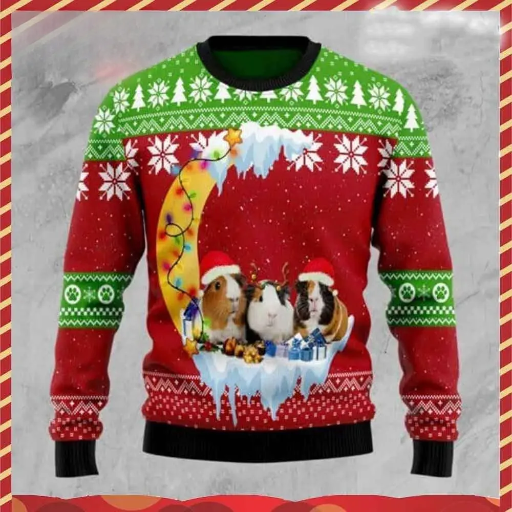 Guinea Pig Love Moon Xmas Ugly Sweater, Cute Cavy Christmas Sweater with Santa Hats, Unisex Red and Green Holiday Sweatshirt for Pet Lovers