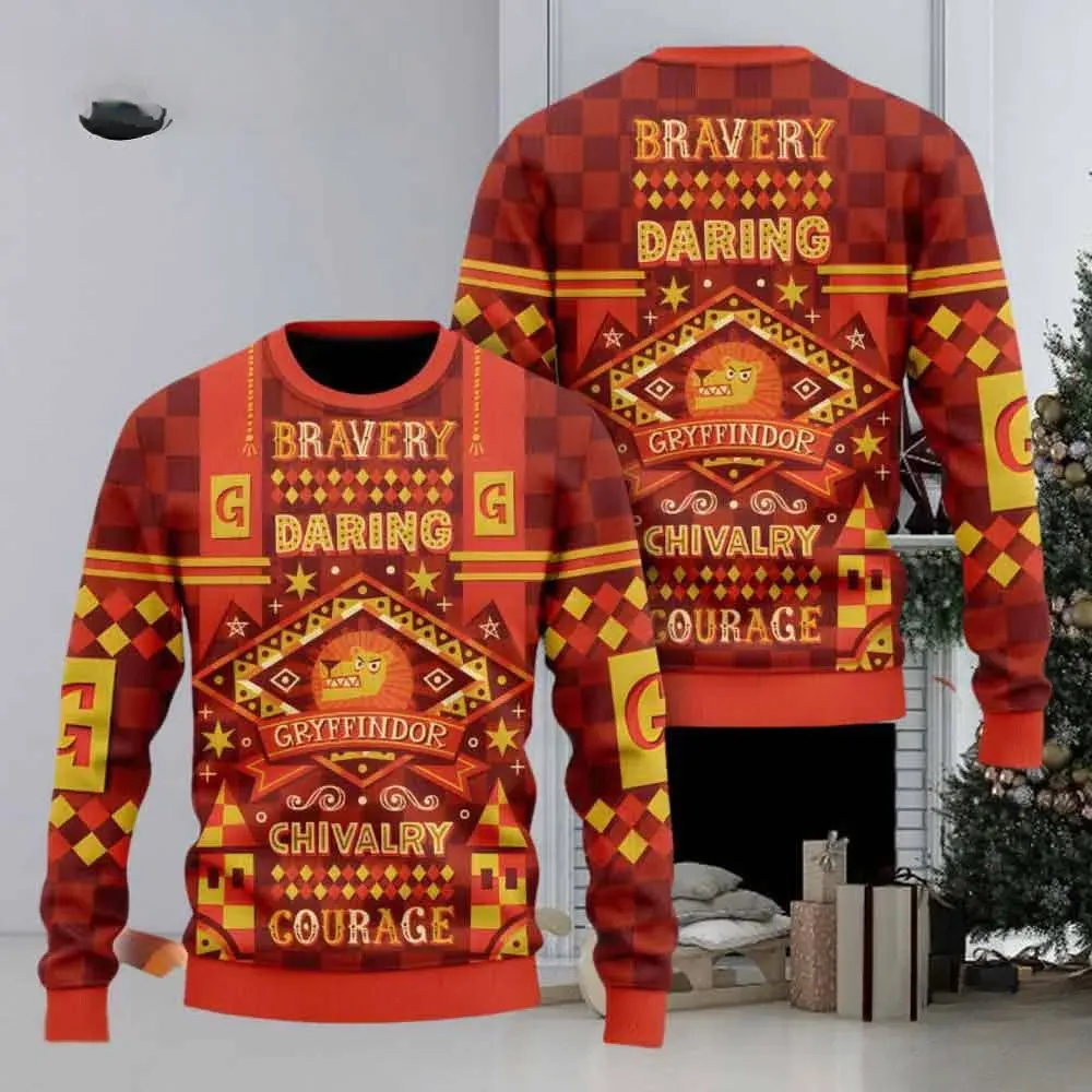 Gryffindor Harry Potter Hogwarts Ugly Sweater, Bravery Daring Chivalry Courage House Christmas Sweater, Unisex Red Wizard Xmas Sweatshirt