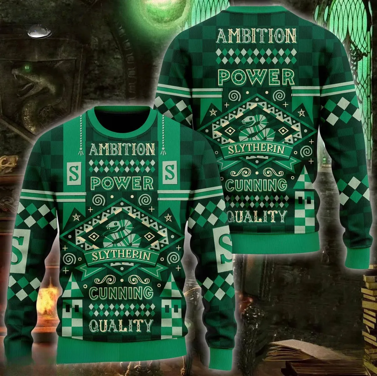 Slytherin Harry Potter Hogwarts Ugly Sweater, Ambition Power Cunning Quality House Christmas Sweater, Unisex Green Wizard Xmas Sweatshirt