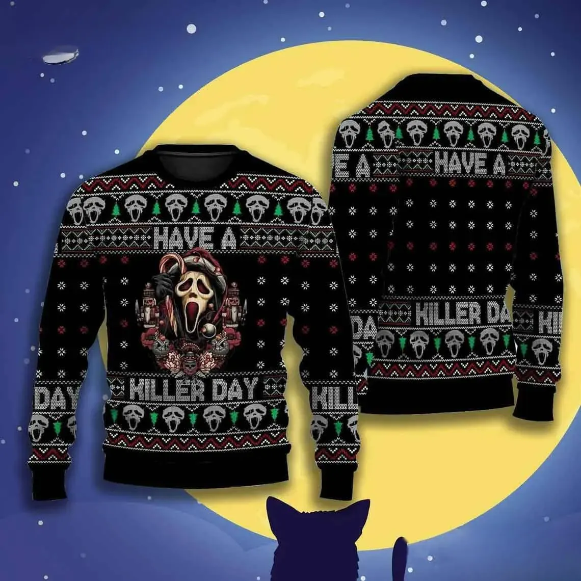 Ghostface Have A Killer Day Ugly Christmas Sweater, Scream Horror Movie Holiday Sweater, All Over Print Xmas Sweater for Horror Fans