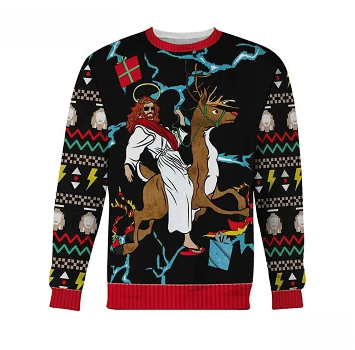 Jesus Riding Reindeer Ugly Christmas Sweater, Funny Christian Holiday Sweater with Lightning, Unisex Black Xmas Sweatshirt for Church Party