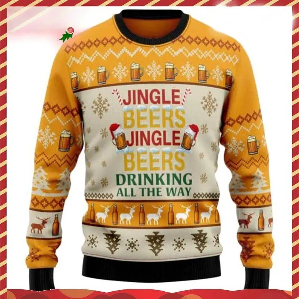 Beer Lover Jingle Beers Ugly Christmas Sweater, Drinking All The Way Funny Holiday Sweater, Unisex Orange Brewery Party Xmas Sweatshirt