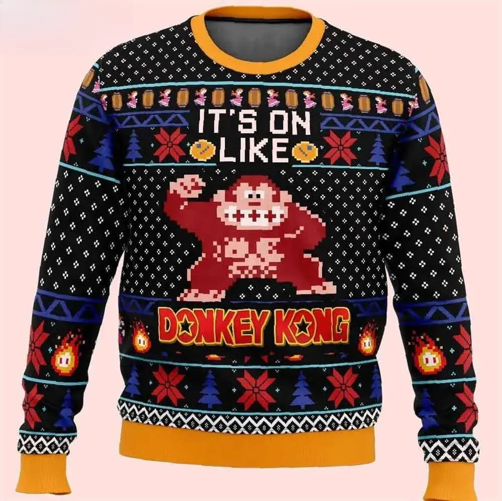 Donkey Kong Nintendo Ugly Christmas Sweater, It's On Like Donkey Kong Retro 8-Bit Gamer Holiday Sweater, Xmas Sweater for Gamers