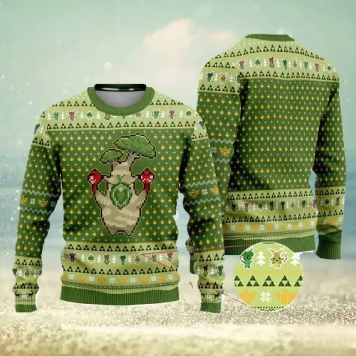 Korok Legend Of Zelda Ugly Sweater, Maraca Korok Pixel Art Christmas Sweater, Unisex Olive Green Hyrule Xmas Sweatshirt for Nintendo Gamers