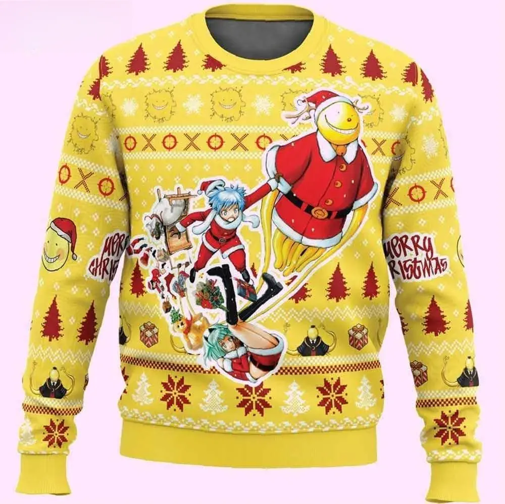Assassination Classroom Merry Christmas Ugly Sweater, Koro Sensei Santa Anime Holiday Sweater, Unisex Yellow Otaku Xmas Sweatshirt