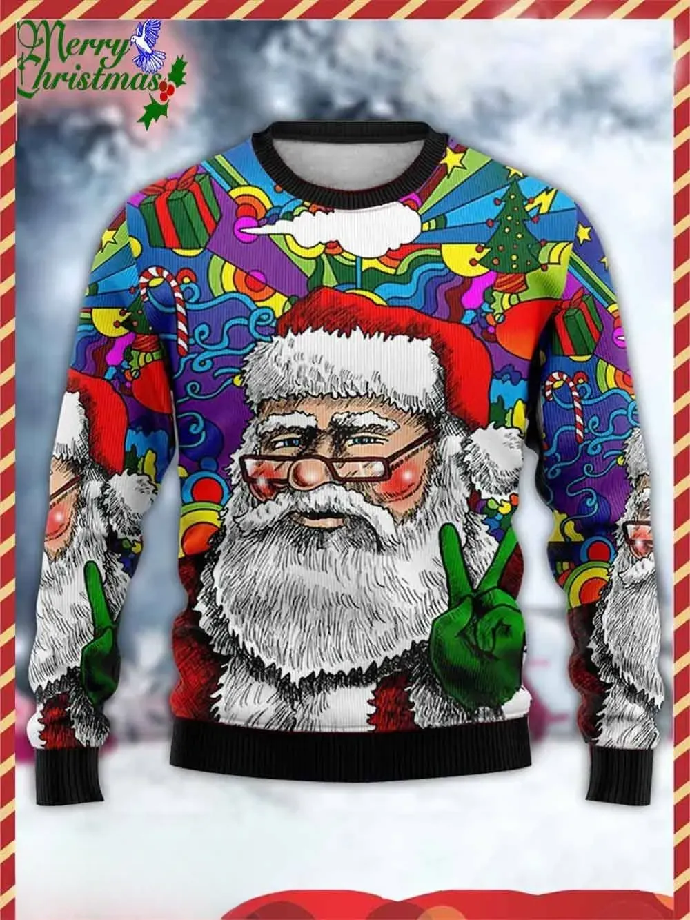 Hippie Santa Ugly Christmas Sweater, Psychedelic Peace Sign Santa Claus Holiday Sweater, Unisex Groovy Rainbow Xmas Party Sweatshirt