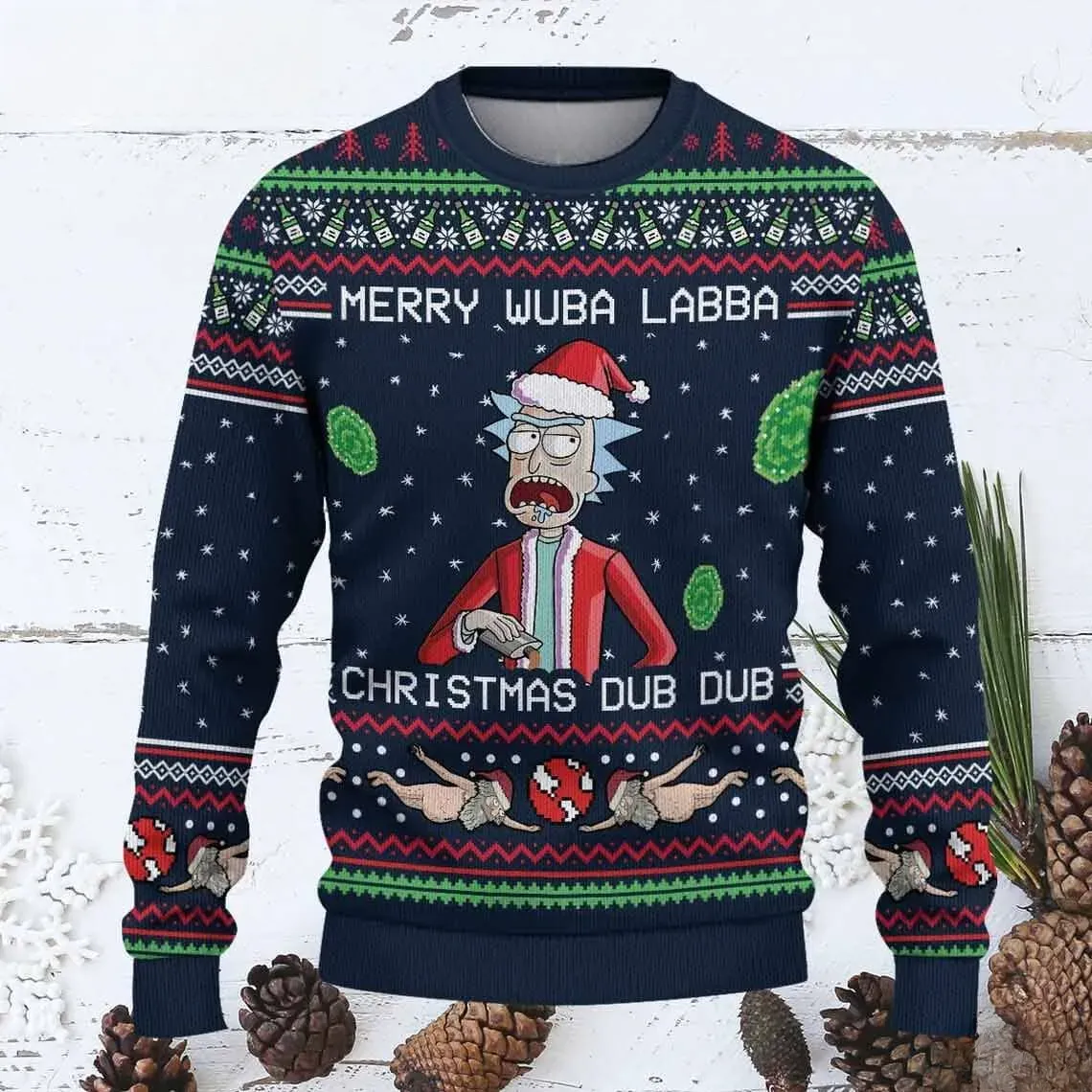 Rick And Morty Merry Wuba Labba Ugly Sweater, Santa Rick Christmas Dub Dub Holiday Sweater, Unisex Navy Cartoon Xmas Sweatshirt