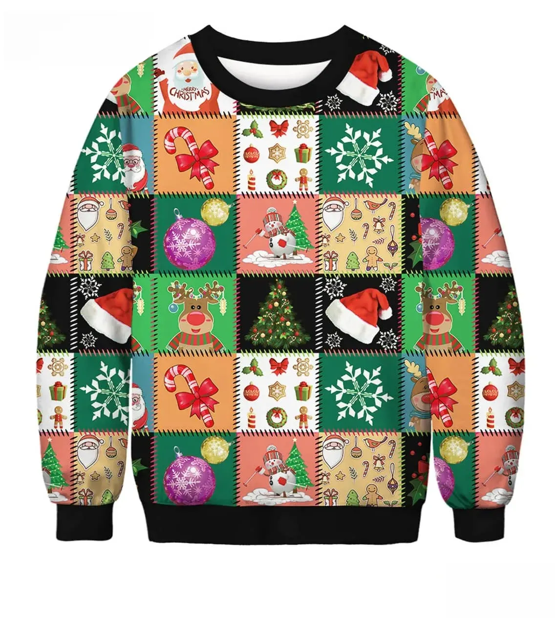 Christmas Icons Grid Multi Element Ugly Sweater, Patchwork Santa Reindeer Snowman Holiday Sweater, Unisex Festive Xmas Party Sweatshirt