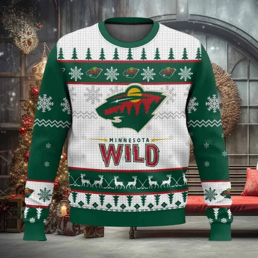 NHL Minnesota Wild Ugly Christmas Sweater, Green and Red Hockey Holiday Sweater, Unisex Xmas Sweatshirt with Reindeer for Wild Fans