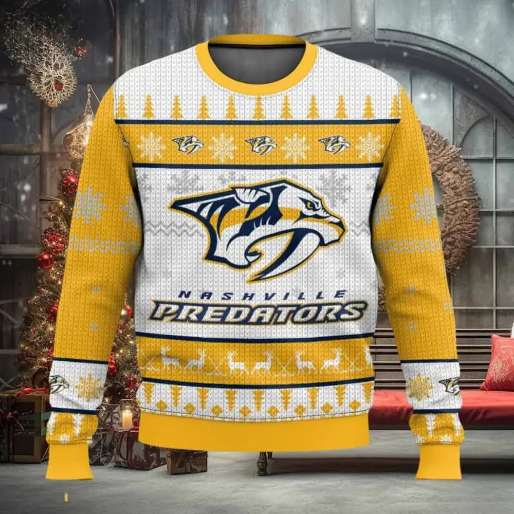 NHL Nashville Predators Ugly Christmas Sweater, Gold and Navy Hockey Holiday Sweater, Unisex Knit Look Xmas Sweatshirt for Preds Fans