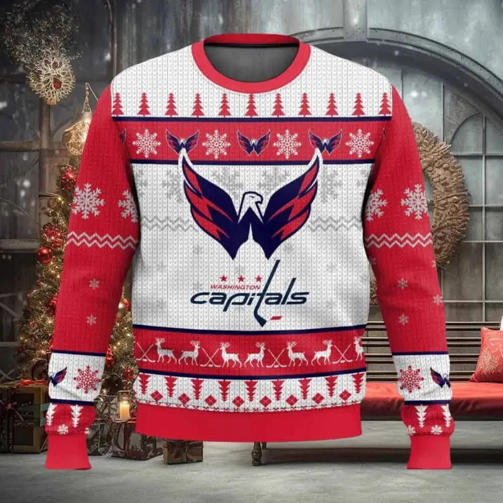 NHL Washington Capitals Ugly Christmas Sweater, Caps Hockey Holiday Sweater With Eagle Logo, All Over Print Xmas Sweater for Capitals Fans