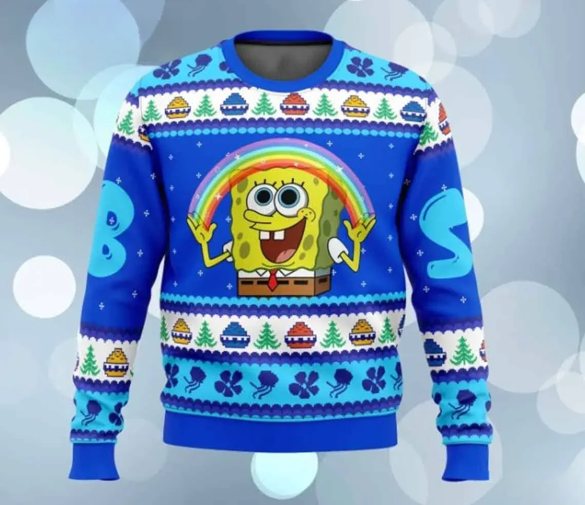 SpongeBob Rainbow Meme Ugly Sweater, SquarePants Imagination Christmas Holiday Sweater, Bikini Bottom Cartoon Xmas Sweater, Unisex All Over Print