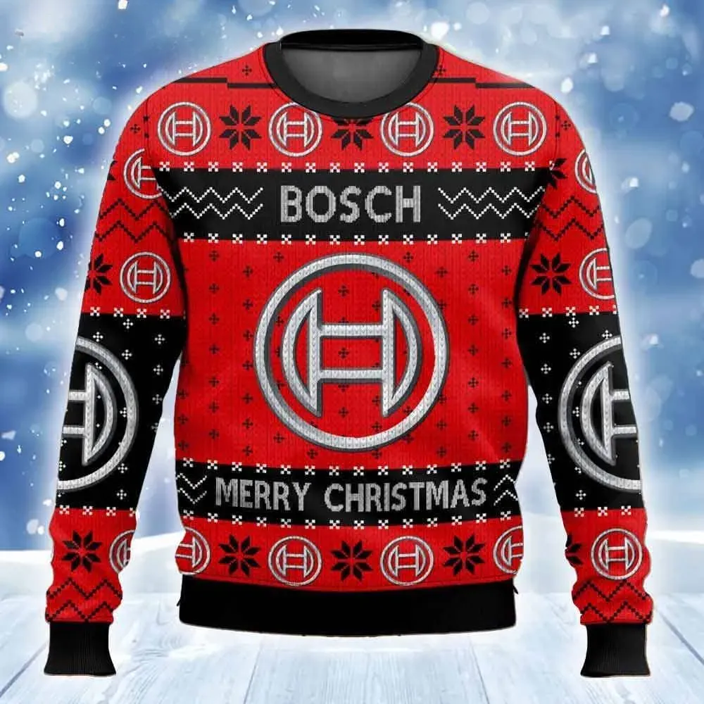 Bosch Power Tools Merry Christmas Ugly Sweater, Funny Tool Lover Holiday Sweater, Unisex All Over Print Xmas Sweatshirt for Handymen