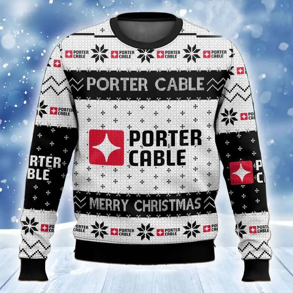 Porter Cable Power Tools Ugly Christmas Sweater, Red Star Logo Black and White Holiday Sweater, Woodworker and DIY Dad Xmas Sweater, Unisex
