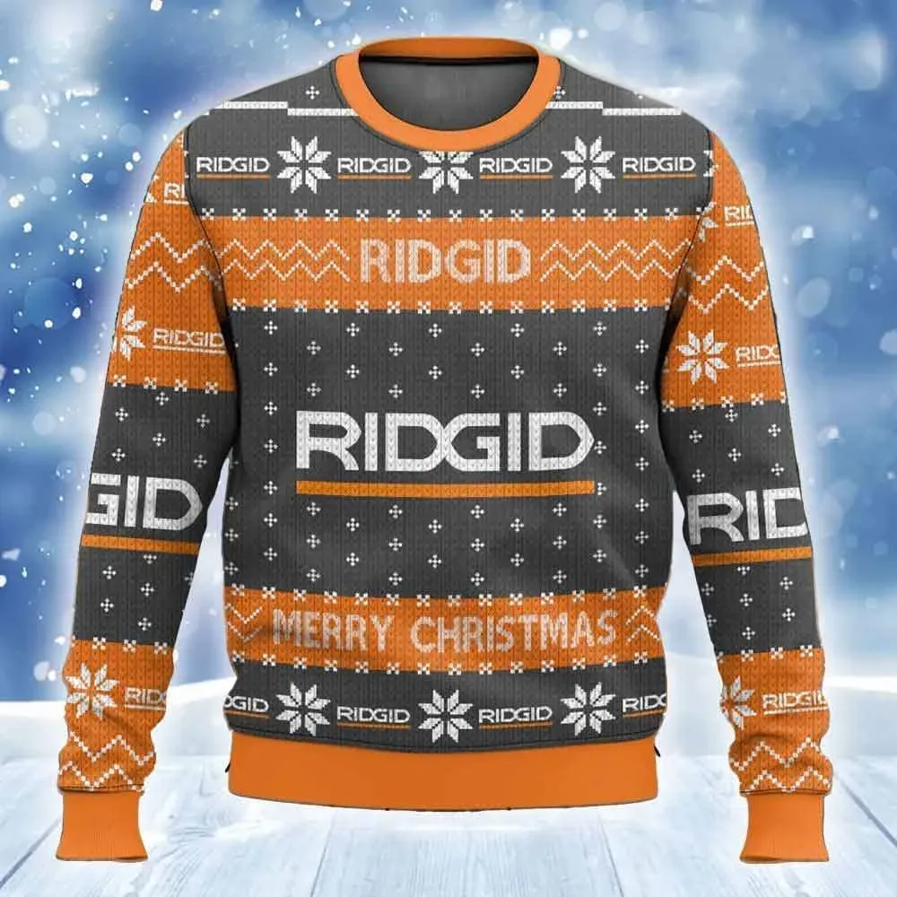 Ridgid Power Tools Ugly Christmas Sweater, Orange and Grey Brand Logo Holiday Sweater, Contractor and Tradesman Xmas Sweater, Unisex 3D Print