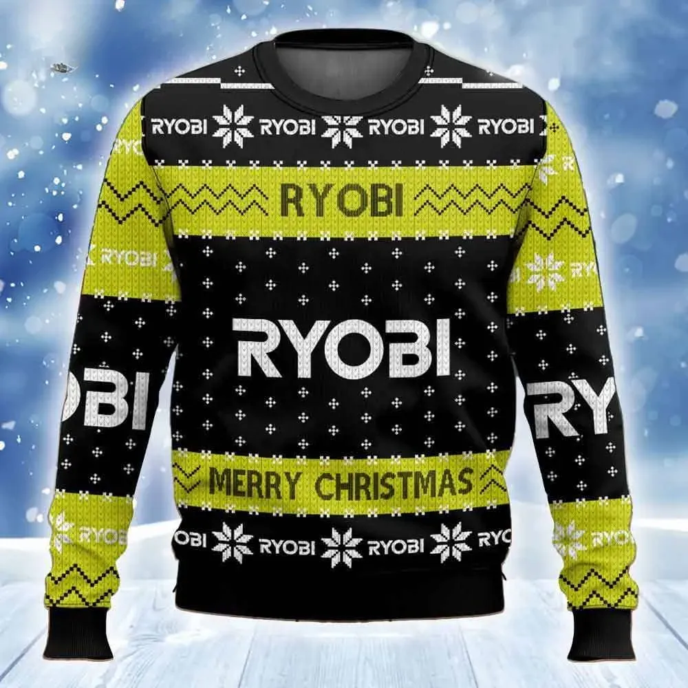 Ryobi Power Tools Ugly Christmas Sweater, Funny Tool Lover Holiday Sweater, Unisex All Over Print Xmas Sweatshirt for Craftsmen