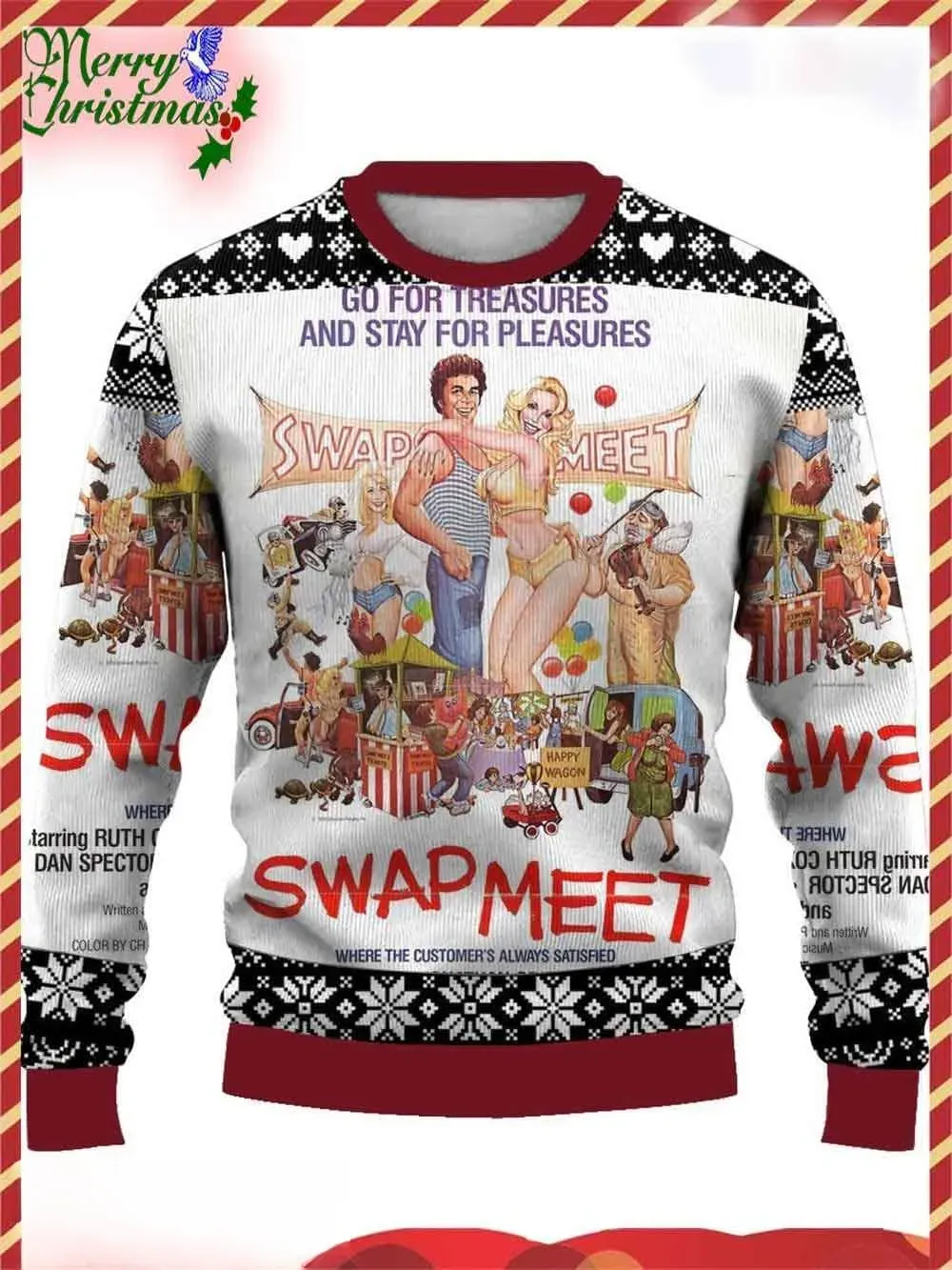 Swap Meet Ugly Christmas Sweater, Go for Treasures and Stay for Pleasures Retro Cult Comedy Movie Poster Holiday Sweater, Unisex Xmas Sweater