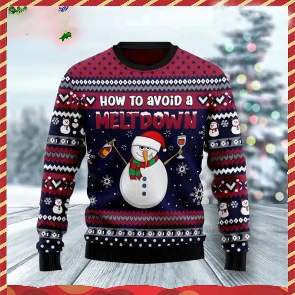 Red Wine Snowman Meltdown Ugly Christmas Sweater, How to Avoid a Meltdown Funny Drinking Holiday Sweater, Unisex Wine Lover Xmas Sweater