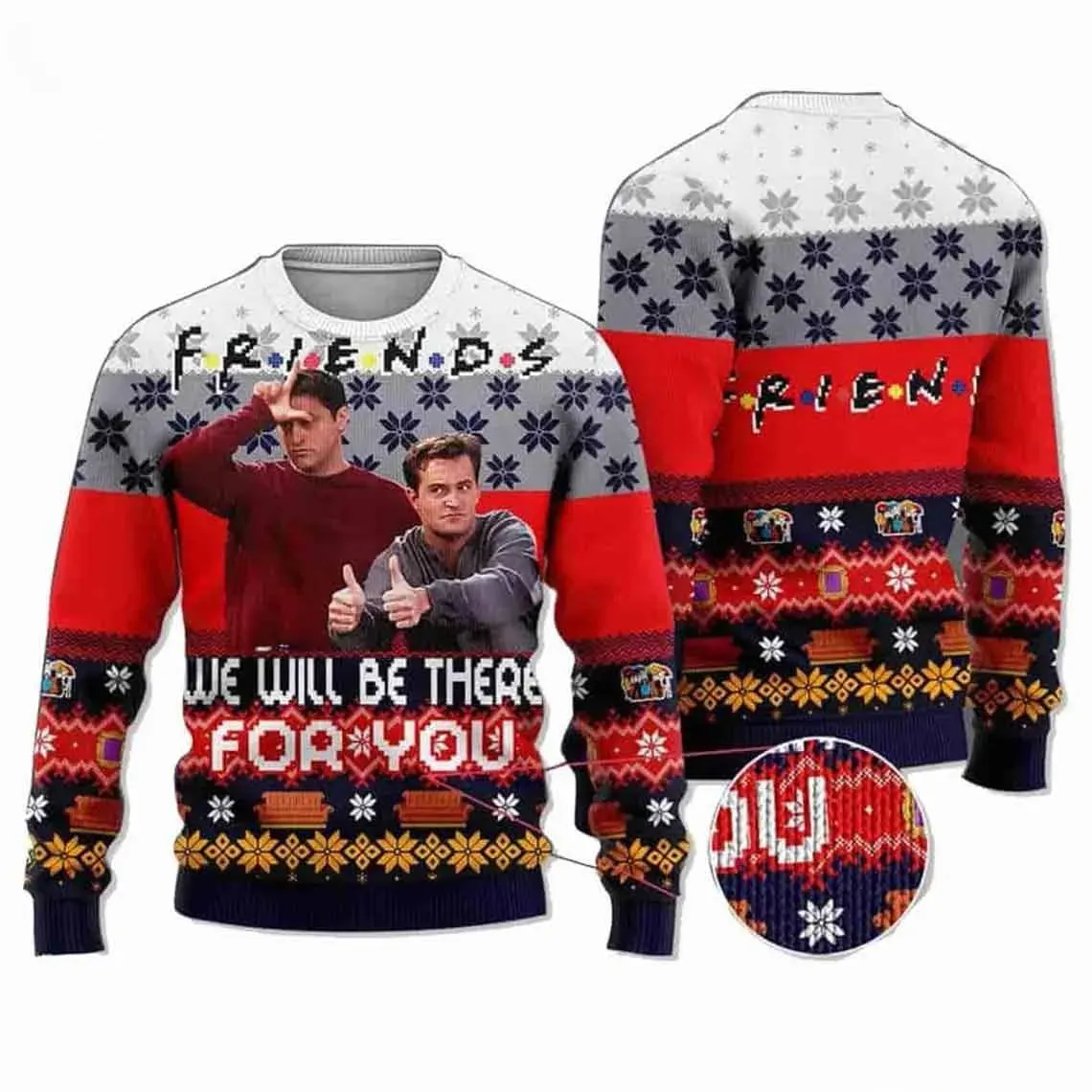 RIP Matthew Perry Friends We Will Be There For You Ugly Sweater, Chandler and Joey Tribute Christmas Holiday Sweater, Unisex TV Show Xmas Sweater