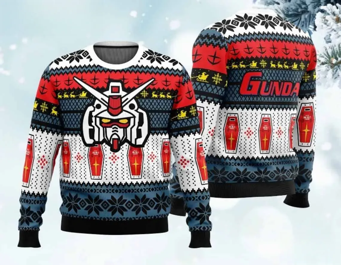 Gundam RX-78-2 Ugly Christmas Sweater, Mobile Suit Head and Federation Shield Anime Mecha Holiday Sweater, Model Kit Fan Xmas Sweater, Unisex