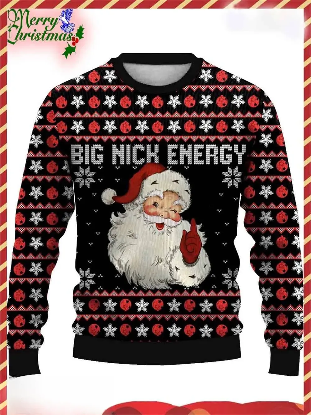 Big Nick Energy Winking Santa Ugly Christmas Sweater, Funny Santa Holiday Sweater, Unisex All Over Print Xmas Party Sweatshirt
