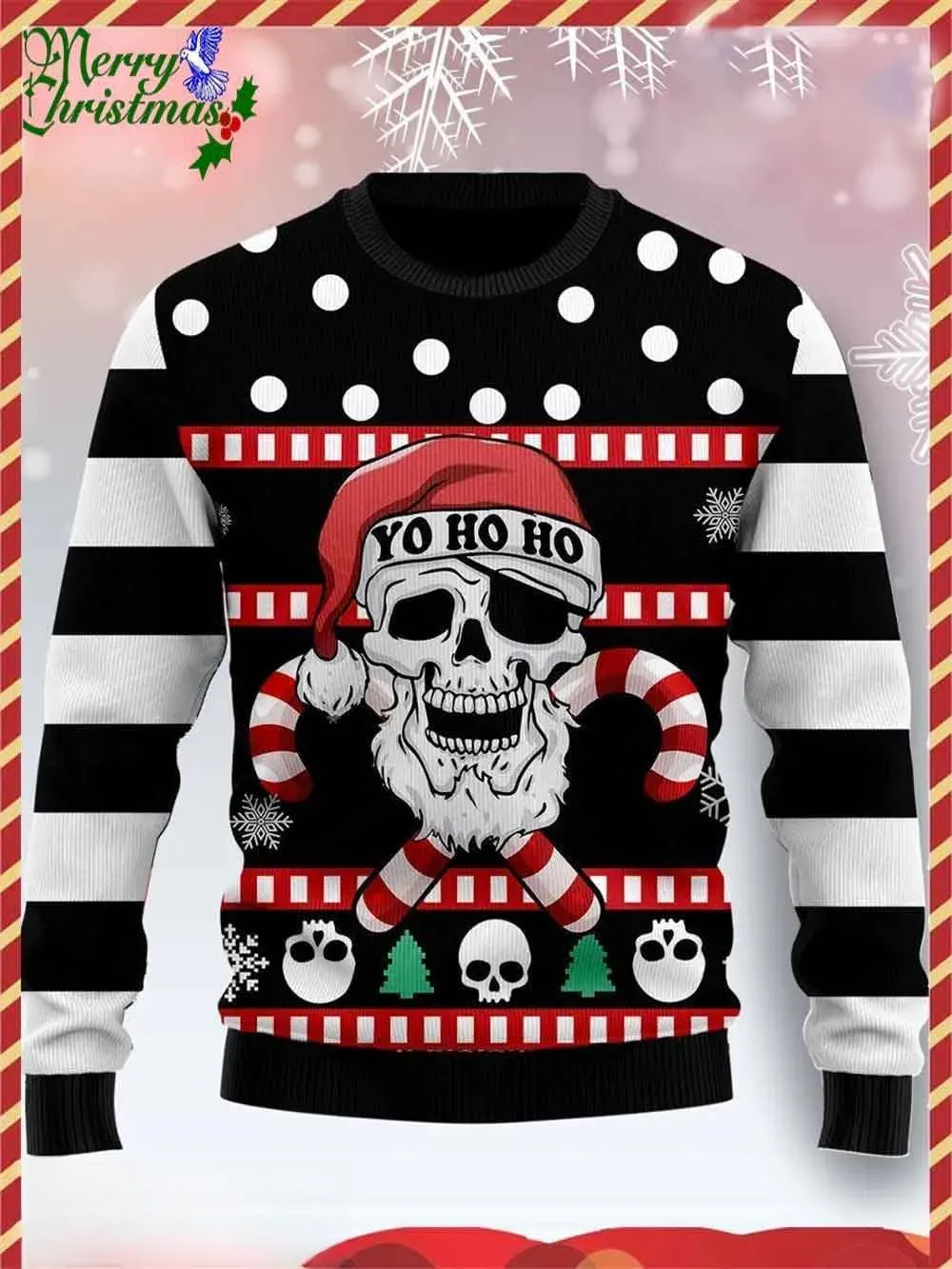 Pirate Skull Creepmas Ugly Christmas Sweater, Yo Ho Ho Santa Hat and Candy Canes Gothic Holiday Sweater, Spooky Xmas Sweater, Unisex 3D Print
