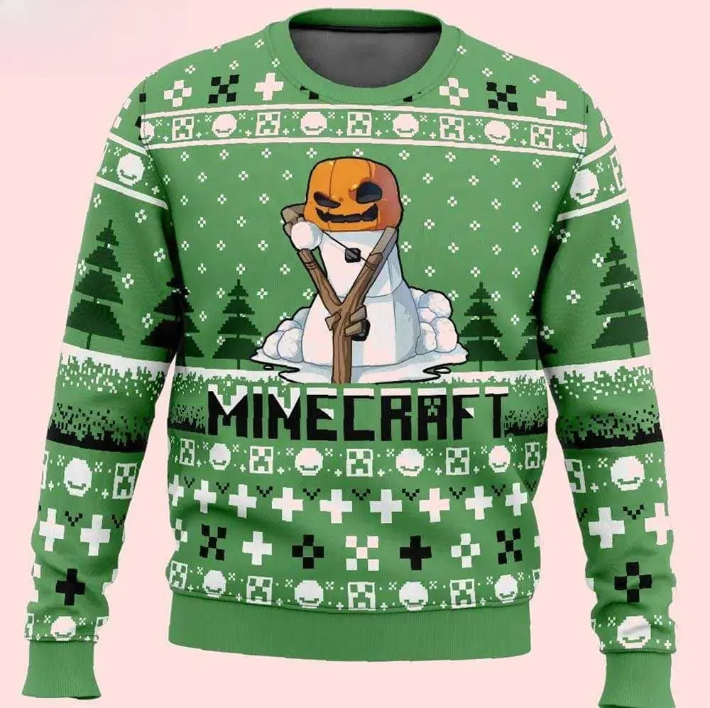 Snow Golem Minecraft Ugly Christmas Sweater, Gamer Holiday Sweater, Unisex All Over Print Xmas Sweatshirt for Minecraft Fans