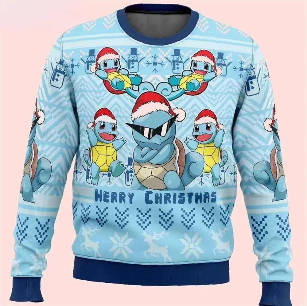 Squirtle Pokemon Merry Christmas Ugly Sweater, Cute Pokemon Holiday Sweater, Unisex All Over Print Xmas Sweatshirt for Fans