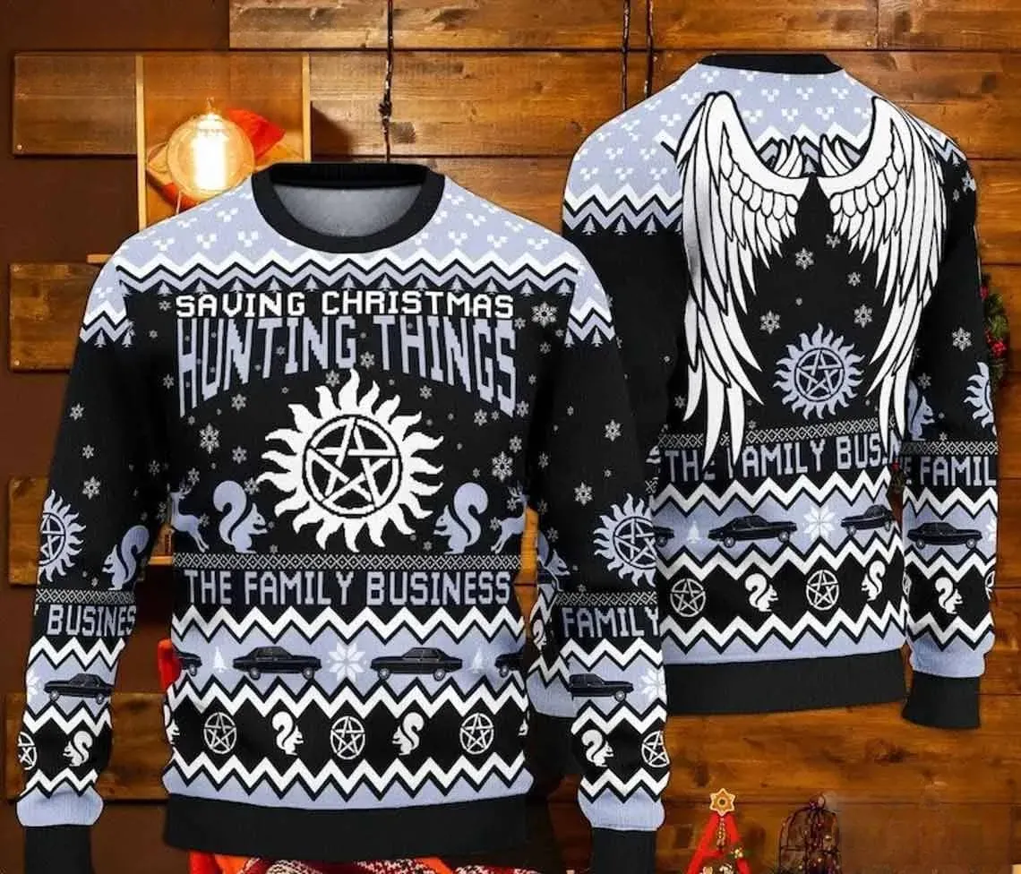 Supernatural Saving Christmas Hunting Things Ugly Sweater, The Family Business Impala Anti-Possession Symbol Holiday Sweater, TV Xmas Sweater