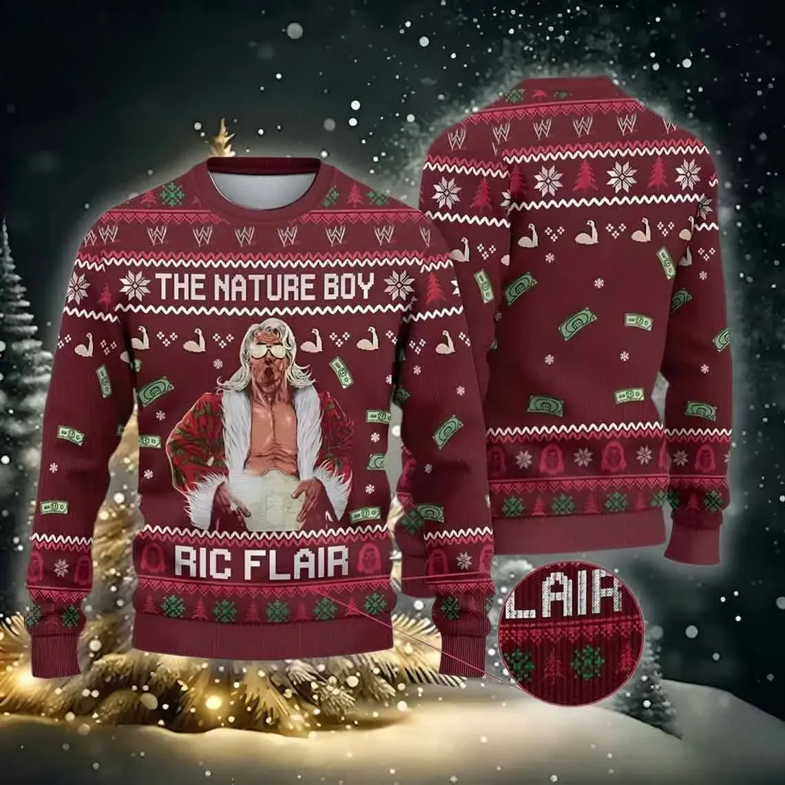 Ric Flair The Nature Boy Wrestler Ugly Christmas Sweater, WWE Wrestling Legend Robe and Title Belt Holiday Sweater, Unisex Xmas Sweater