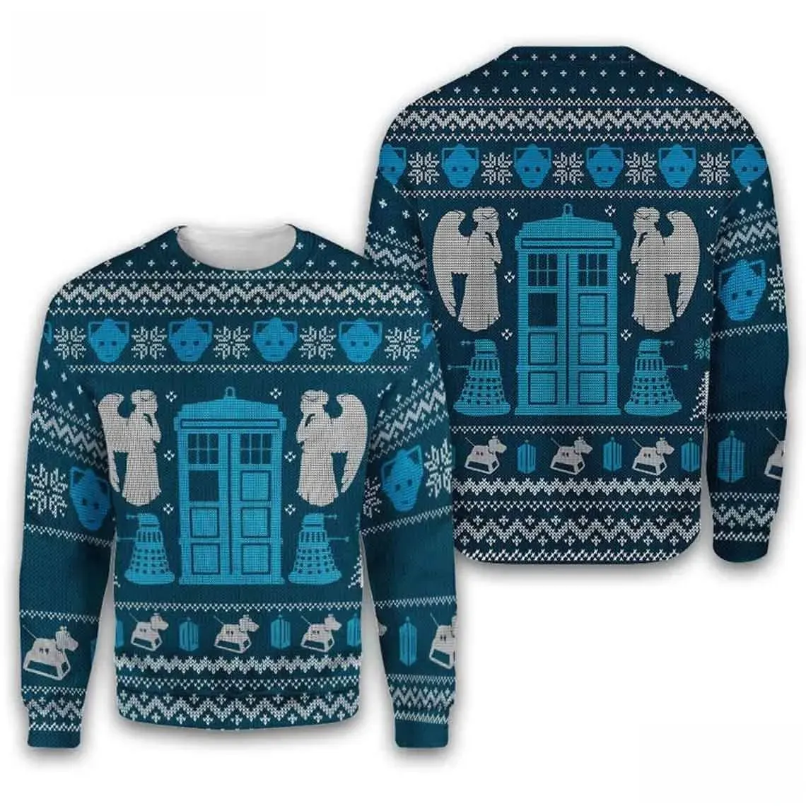 Doctor Who Tardis Door Ugly Christmas Sweater, Weeping Angels Dalek Cyberman Holiday Sweater, Whovian Sci-Fi Xmas Sweater, Unisex 3D Print