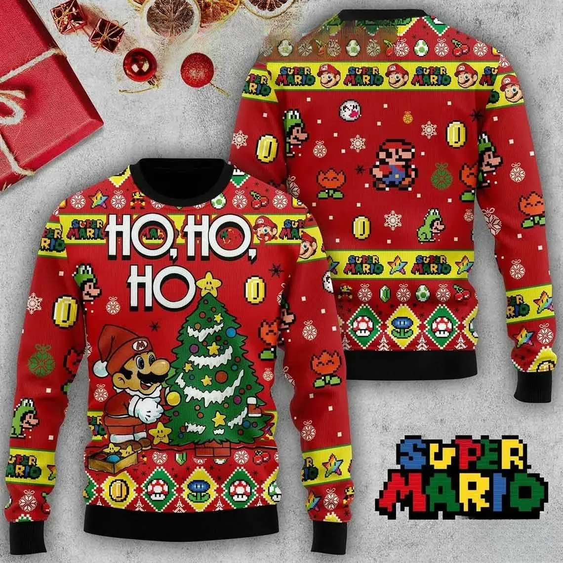 Super Mario Ho Ho Ho Ugly Christmas Sweater, Santa Hat Plumber Decorating the Tree Nintendo Holiday Sweater, Unisex Retro Gamer Xmas Top