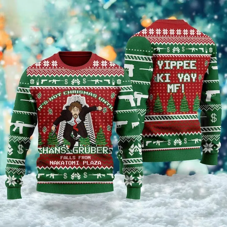Die Hard Hans Gruber Nakatomi Plaza Ugly Christmas Sweater, Yippee Ki Yay Action Movie Holiday Sweater, Unisex 80s Film Xmas Sweatshirt