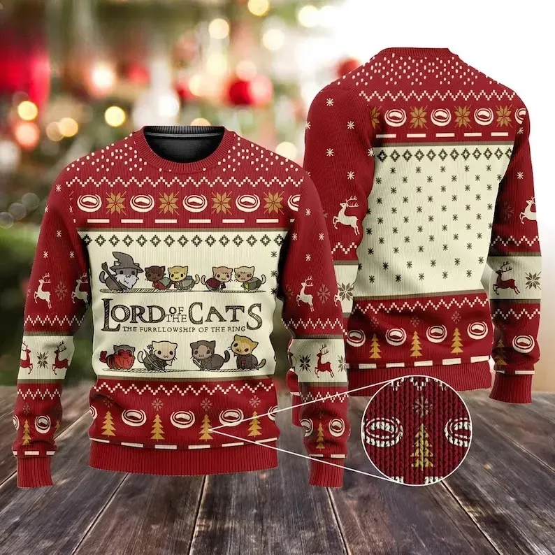Lord of the Cats Kittens Ugly Christmas Sweater, Funny Cat Lover Holiday Sweater, Unisex All Over Print Xmas Sweatshirt