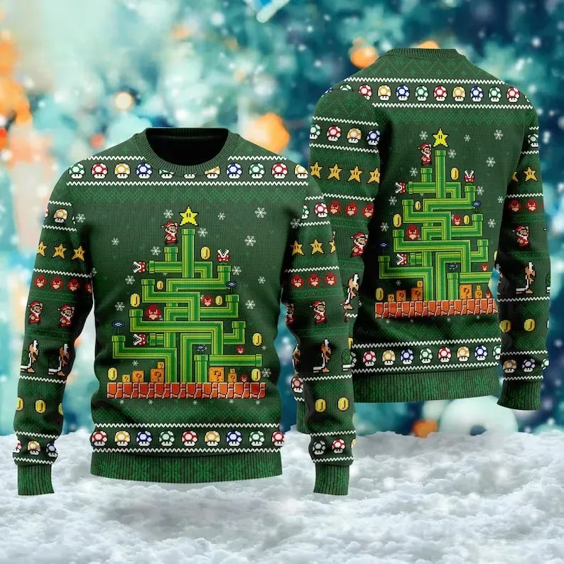 Super Mario Christmas Tree Ugly Christmas Sweater, Gamer Holiday Sweater, Unisex All Over Print Xmas Sweatshirt for Gamers and Mario Fans